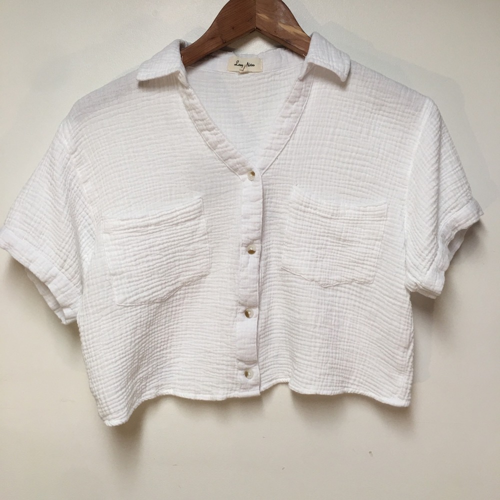 Love Notes Button Up Shirt Womens Size M White Gauze Cotton Cropped Short Sleeve